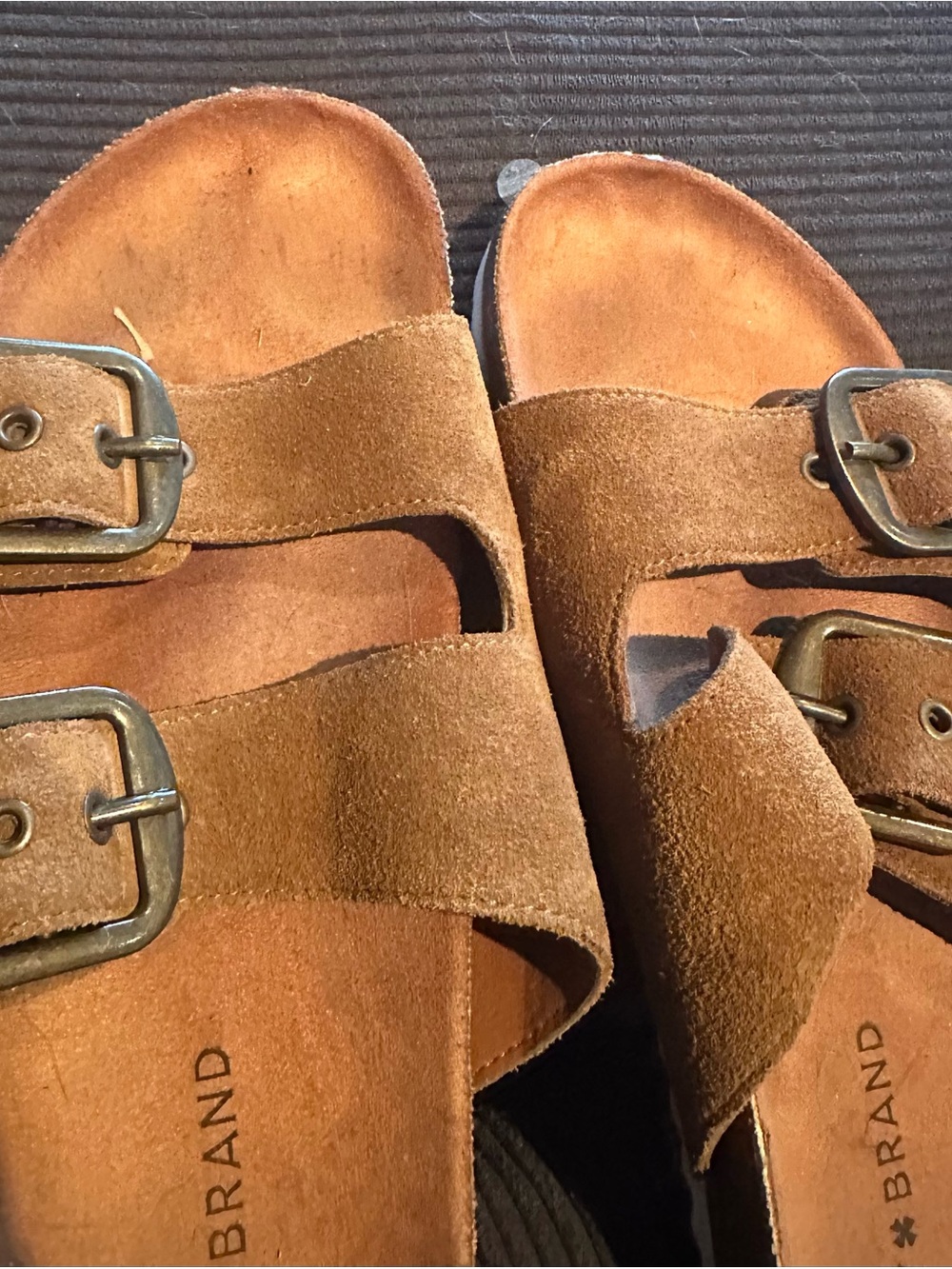 Lucky Brand Suede Double-Buckle Slide Sandals in Chestnut Brown
